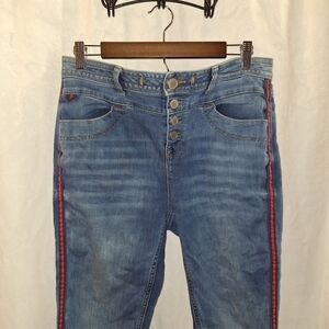 Red and Blue Skinny Jeans with Sporty Stripes